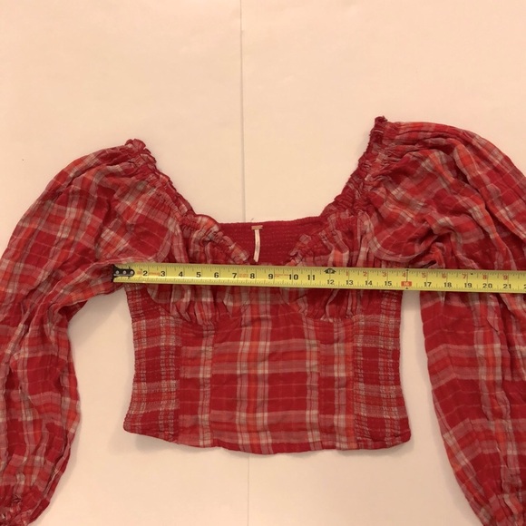 Free People L Top Red Plaid Ruffle Bustier Smocking Very Stretchy Excellent - Picture 2 of 10